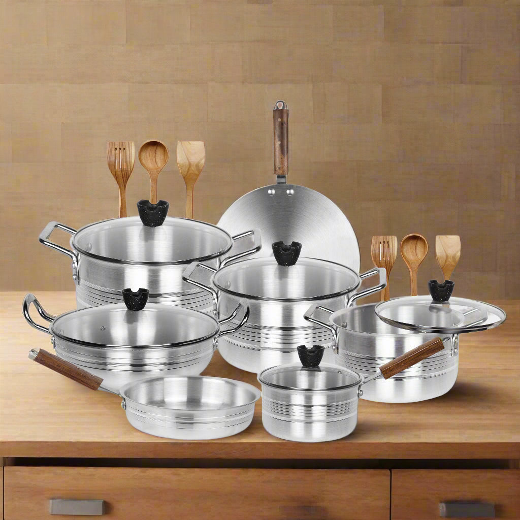 Glory 19 Pcs Premium Aluminum Cookware Set with Glass Lids & Wooden Tools – Metal Finish